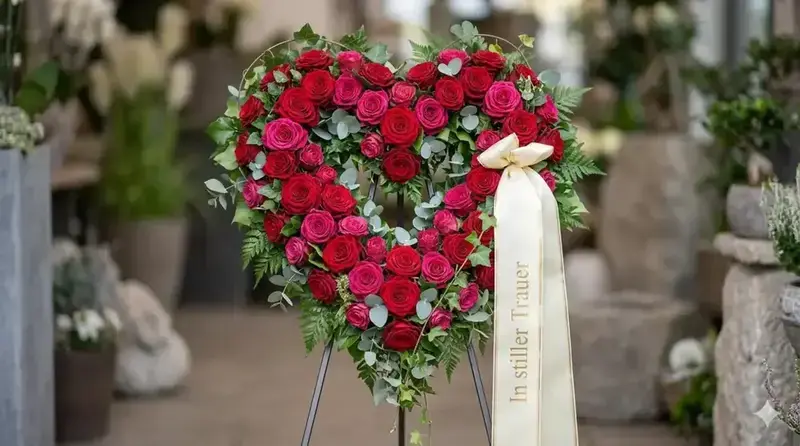 Trauerherz aus roten Rosen mit Schleife - In stiller Trauer
