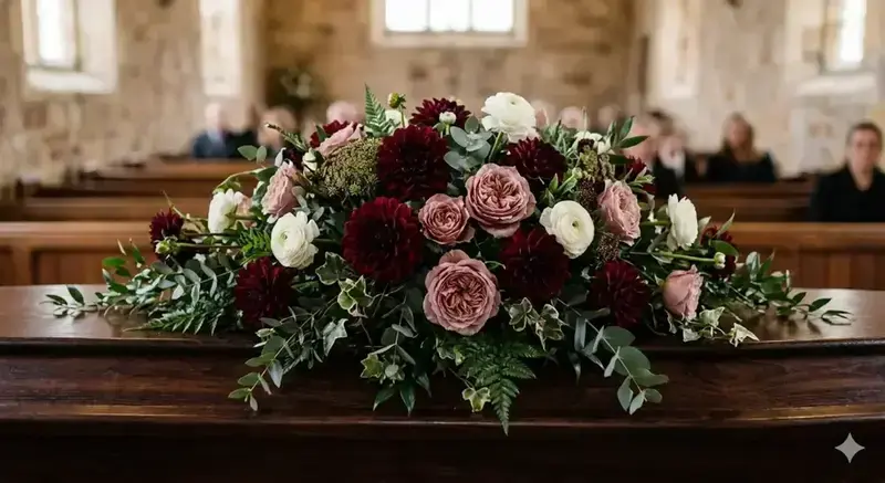 Sargschmuck mit dunkelroten Dahlien und Rosen in der Trauerhalle