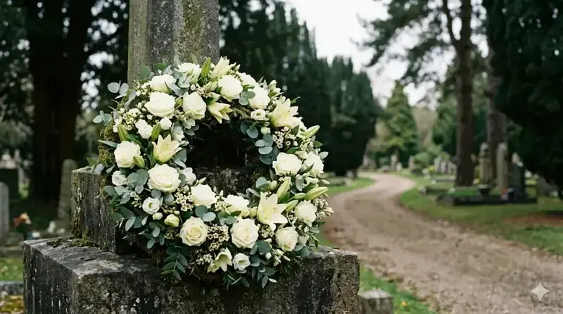 Trauerkranz mit weißen Rosen am Friedhof