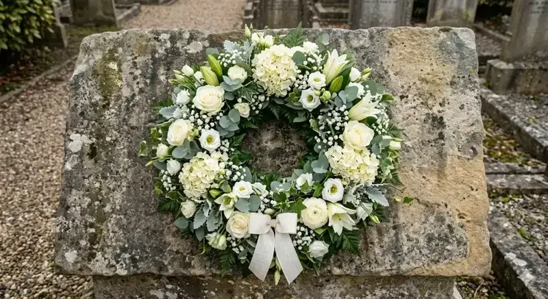 Grabkranz mit weißen Blumen und Schleife auf Grabstein