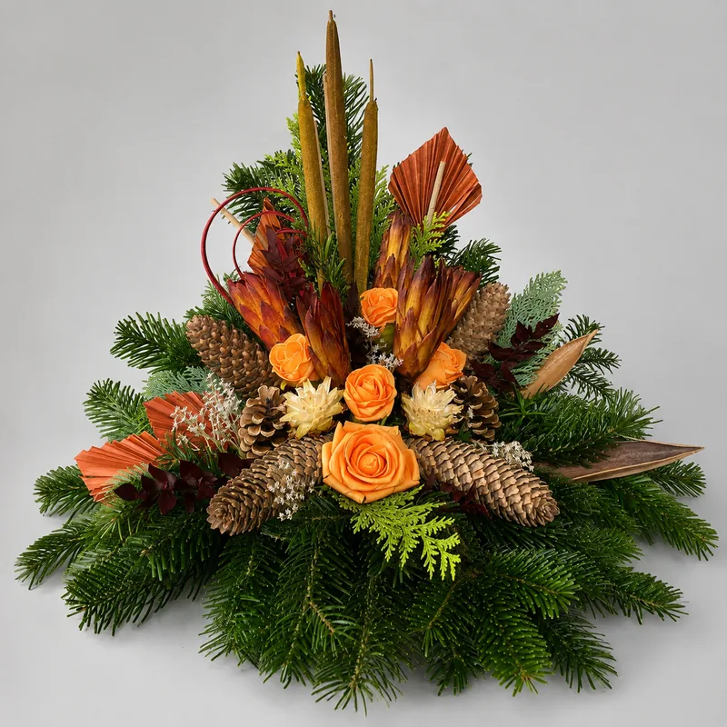 Allerheiligen-Gesteck Alphard - Kräftiges Herbst-Orange mit Holzrosen