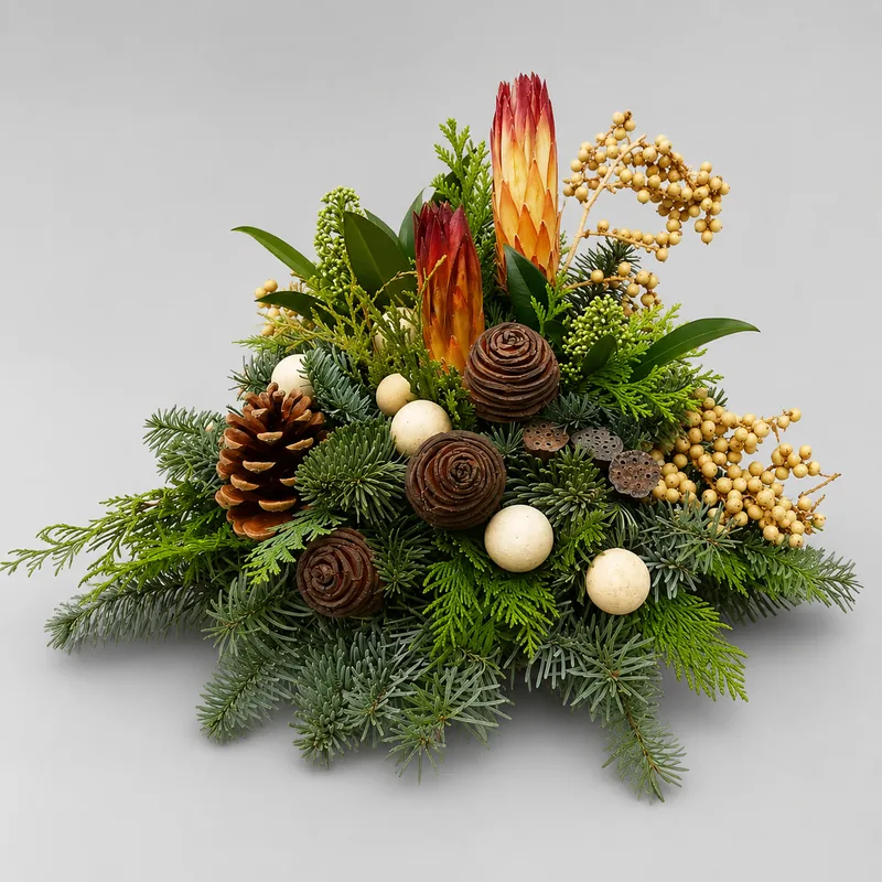Allerheiligen-Gesteck Matar - Naturtöne mit rot-orangen Proteas und Zedernrosen