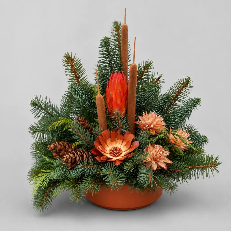 Allerheiligen-Gesteck Tureis - Warmes Orange mit Rohrkolben in der Schale